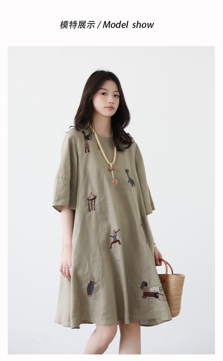 여름 드레스 새로운 오리지널 아마 수공 자수 드레스 여름 미니멀리즘 라운드 넥 루즈핏 작은 검은 드레스 상세 이미지 10