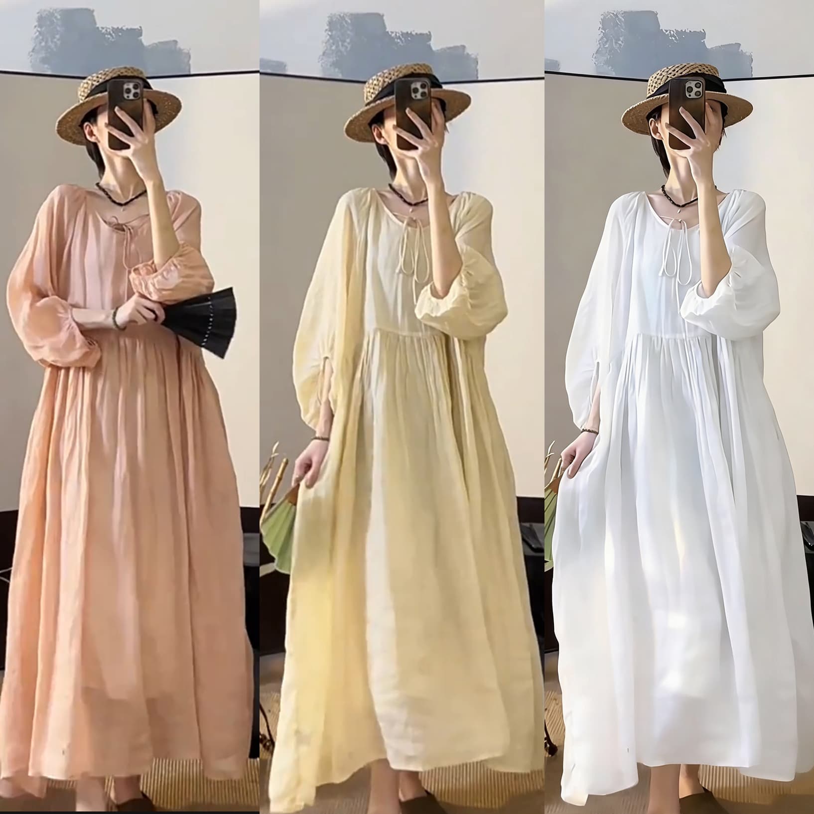 여름 드레스 새로운 빅 사이즈 여성 의류 핑크색 순수한 라미 단색 빅 사이즈 V넥 레이스업 드레스 루즈핏 여성 치마 상세 이미지 2