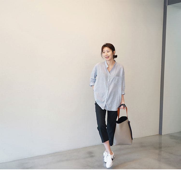 가을 의상 새로운 루즈핏 미니멀리즘 긴팔 셔츠 출퇴근 디자인 센스 주머니 스탠드 칼라 다용도 긴팔 맨위 상세 이미지 12