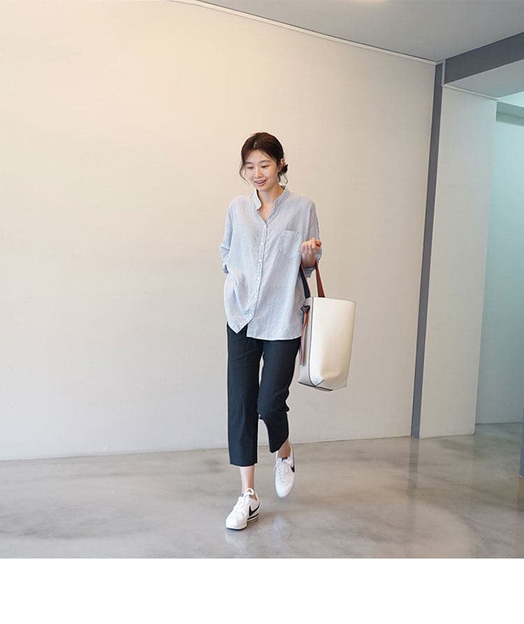 가을 의상 새로운 루즈핏 미니멀리즘 긴팔 셔츠 출퇴근 디자인 센스 주머니 스탠드 칼라 다용도 긴팔 맨위 상세 이미지 24