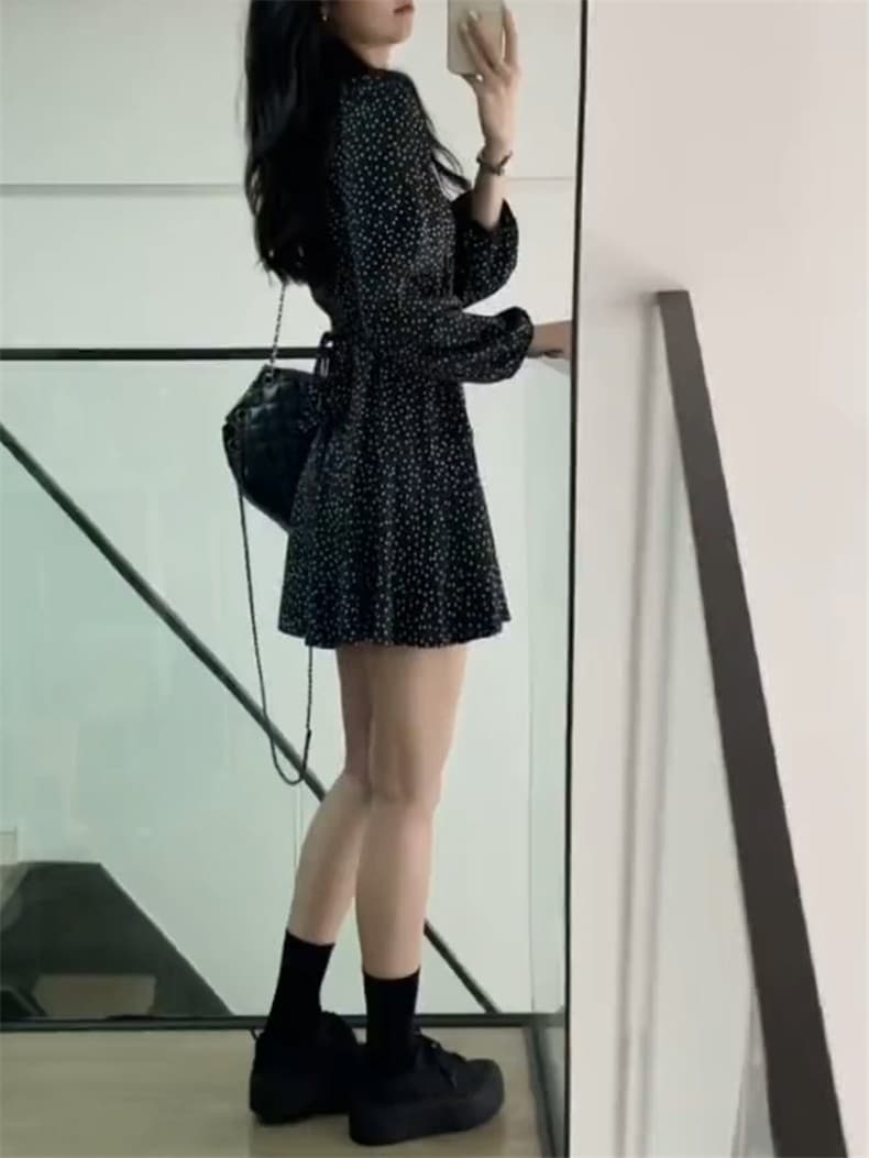 여름 드레스 빅 사이즈 여성 의류 상 유치한 같은 단락 도트 무늬 하나 슬라이스 V넥 드레스 레이스업 치마 상세 이미지 9