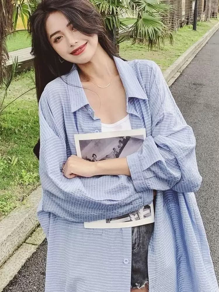 여름 드레스 새로운 느긋한 바람 질감 센스 에어컨 셔츠 중간 길이 폴로 칼라 긴팔 외부 가져 가라. 스트라이프 셔츠 상세 이미지 4