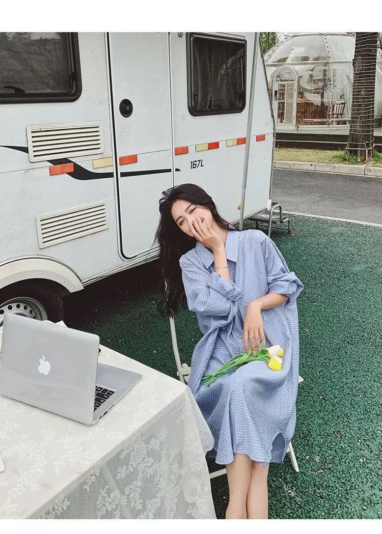 여름 드레스 새로운 느긋한 바람 질감 센스 에어컨 셔츠 중간 길이 폴로 칼라 긴팔 외부 가져 가라. 스트라이프 셔츠 상세 이미지 14