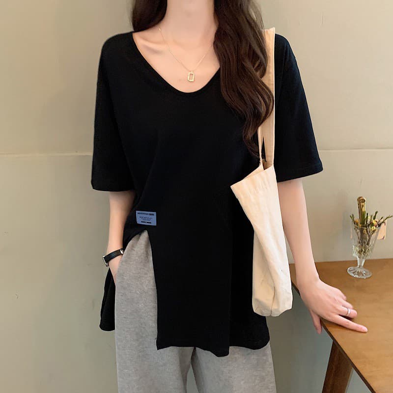 여름 새로운 빅 사이즈 여성 의류 라운드 넥 단색 트임 루즈핏 순면 반팔 티셔츠 m-4xl200 근 상세 이미지 2