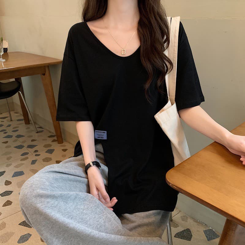 여름 새로운 빅 사이즈 여성 의류 라운드 넥 단색 트임 루즈핏 순면 반팔 티셔츠 m-4xl200 근 상세 이미지 6