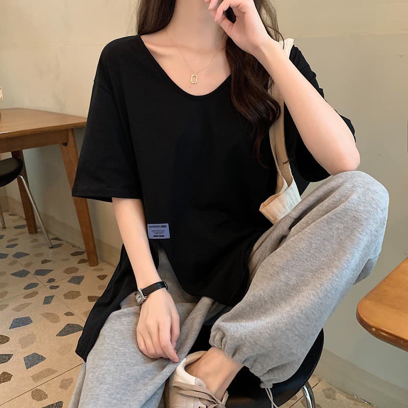 여름 새로운 빅 사이즈 여성 의류 라운드 넥 단색 트임 루즈핏 순면 반팔 티셔츠 m-4xl200 근 상세 이미지 8