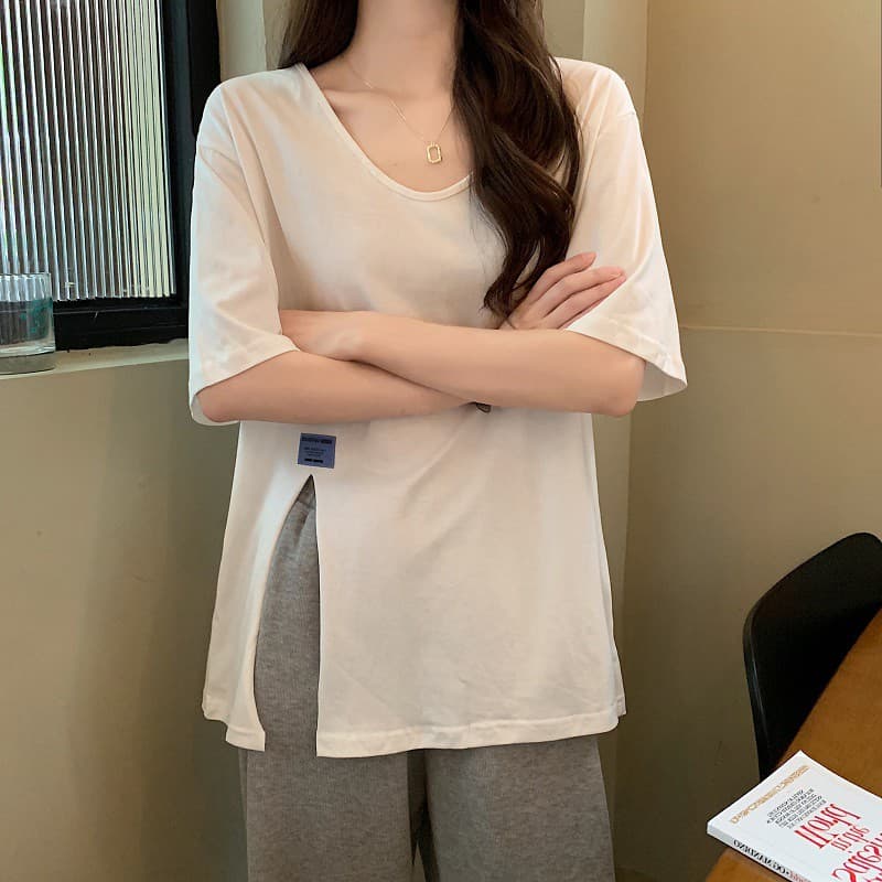 여름 새로운 빅 사이즈 여성 의류 라운드 넥 단색 트임 루즈핏 순면 반팔 티셔츠 m-4xl200 근 상세 이미지 15