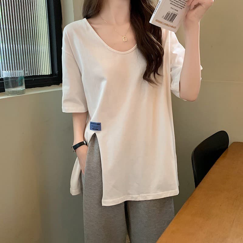 여름 새로운 빅 사이즈 여성 의류 라운드 넥 단색 트임 루즈핏 순면 반팔 티셔츠 m-4xl200 근 상세 이미지 16