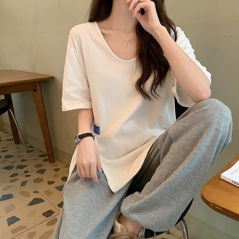 여름 새로운 빅 사이즈 여성 의류 라운드 넥 단색 트임 루즈핏 순면 반팔 티셔츠 m-4xl200 근 상세 이미지 21