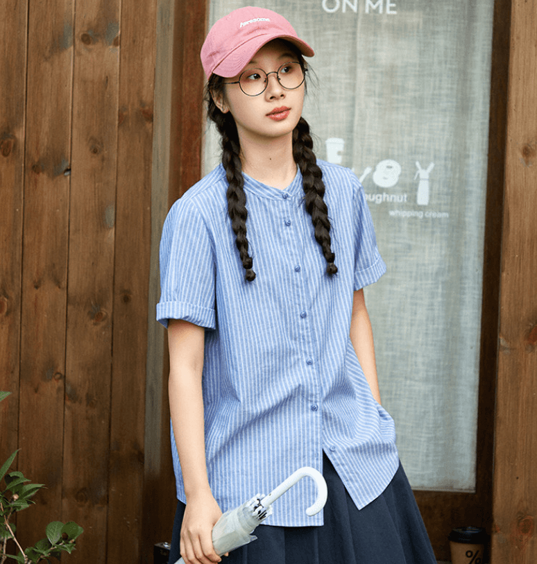 여름 드레스 오리지널 일본식 작은 스탠드 칼라 블루 화이트 스트라이프 셔츠 면 린넨 통기성 반팔 셔츠 캐주얼 맨위 이미지 4