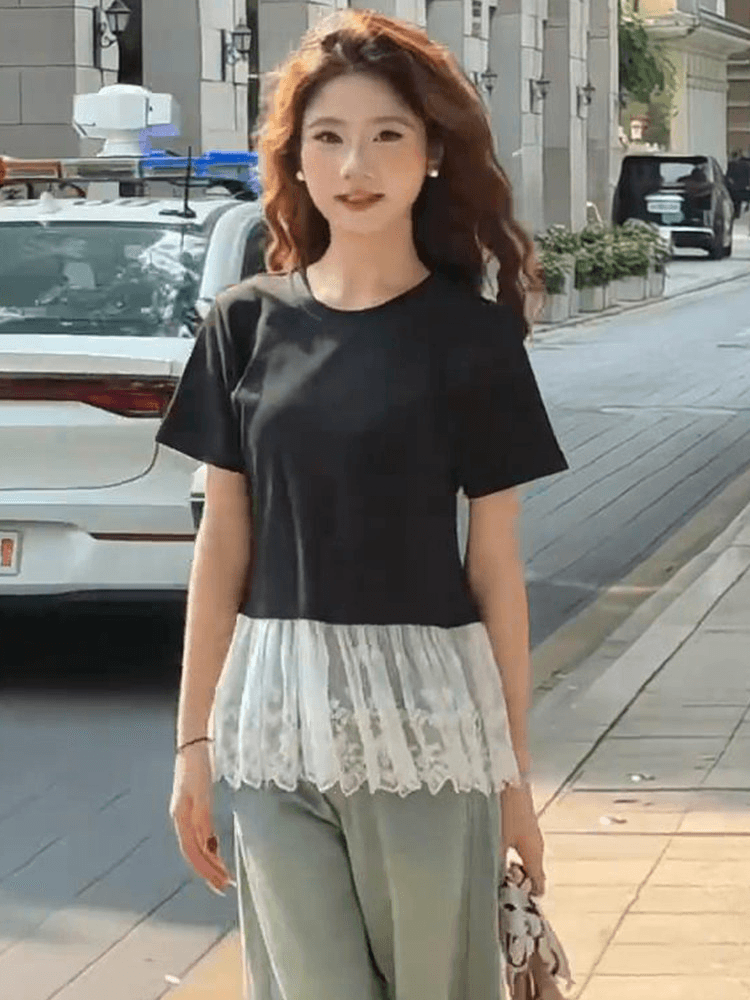 여름 드레스 빅 사이즈 발레 바람 레이스 조각 반팔 티셔츠 지방 mm 슬림해 보이는 인사이드 가져 가라. 만나는 맨위 m-4xl200 근 상세 이미지 2