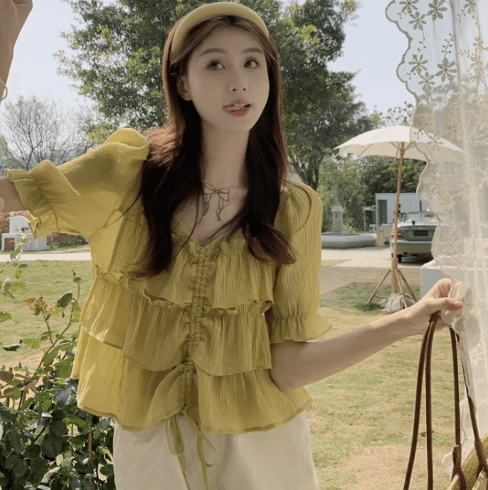 여름 드레스 통통한 여동생 빅 사이즈 고급 센스 프릴 펌프 로프 디스플레이 여성 반팔 맨위 셔츠 m-4xl200 근 이미지 3