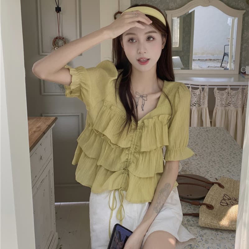 여름 드레스 통통한 여동생 빅 사이즈 고급 센스 프릴 펌프 로프 디스플레이 여성 반팔 맨위 셔츠 m-4xl200 근 이미지 5