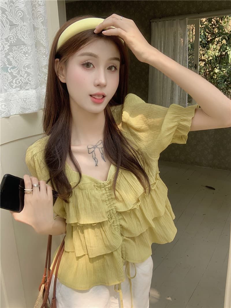 여름 드레스 통통한 여동생 빅 사이즈 고급 센스 프릴 펌프 로프 디스플레이 여성 반팔 맨위 셔츠 m-4xl200 근 이미지 4