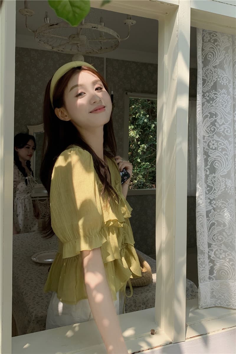 여름 드레스 통통한 여동생 빅 사이즈 고급 센스 프릴 펌프 로프 디스플레이 여성 반팔 맨위 셔츠 m-4xl200 근 상세 이미지 3