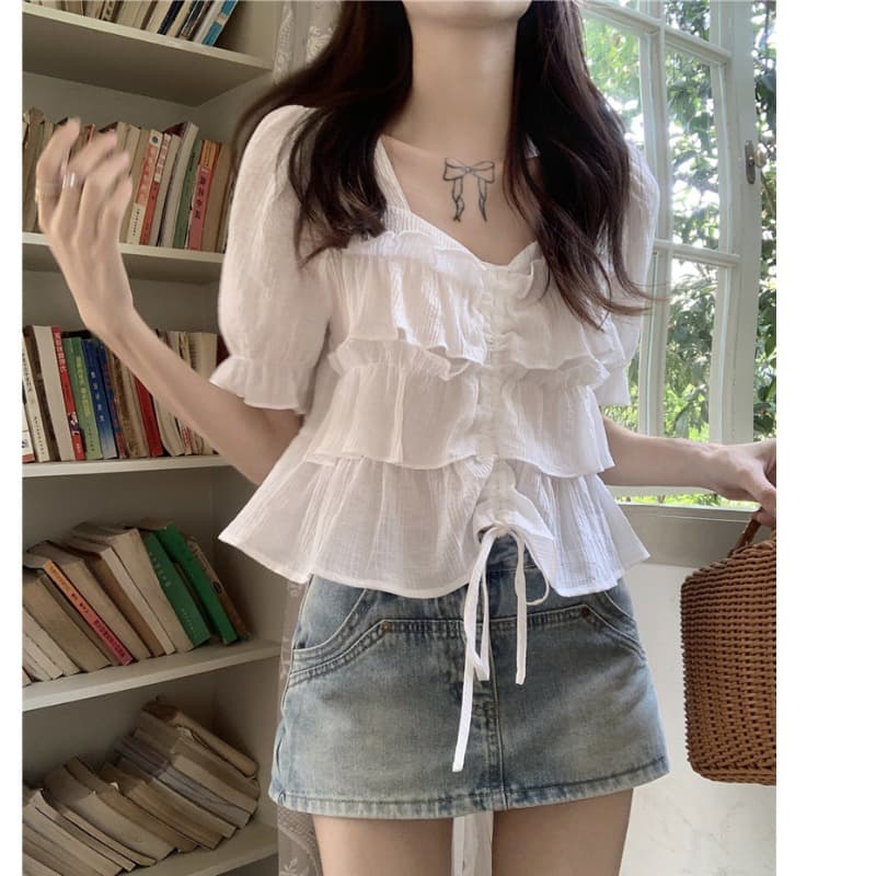 여름 드레스 통통한 여동생 빅 사이즈 고급 센스 프릴 펌프 로프 디스플레이 여성 반팔 맨위 셔츠 m-4xl200 근 상세 이미지 4