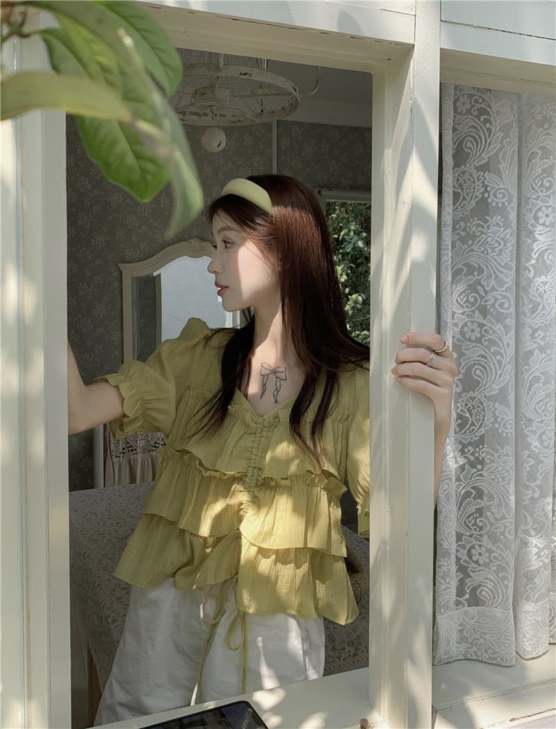 여름 드레스 통통한 여동생 빅 사이즈 고급 센스 프릴 펌프 로프 디스플레이 여성 반팔 맨위 셔츠 m-4xl200 근 상세 이미지 5