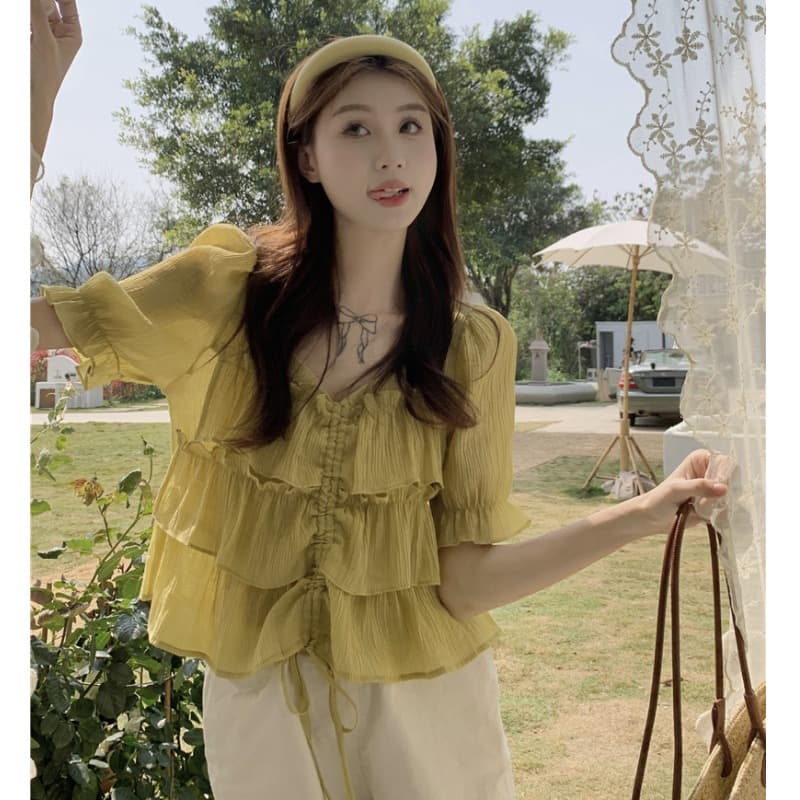 여름 드레스 통통한 여동생 빅 사이즈 고급 센스 프릴 펌프 로프 디스플레이 여성 반팔 맨위 셔츠 m-4xl200 근 상세 이미지 6