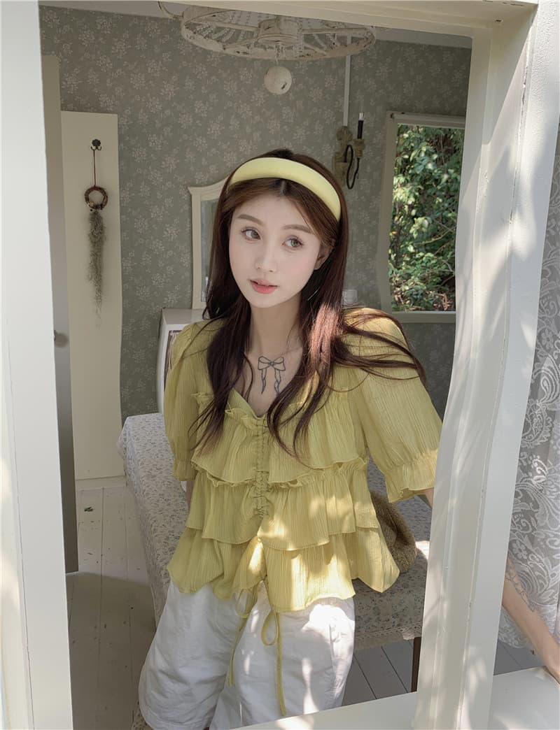 여름 드레스 통통한 여동생 빅 사이즈 고급 센스 프릴 펌프 로프 디스플레이 여성 반팔 맨위 셔츠 m-4xl200 근 상세 이미지 7