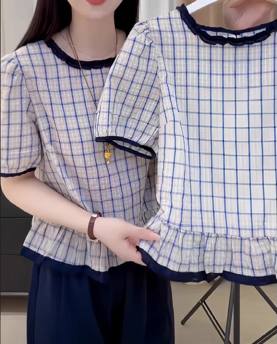 여름 드레스 새로운 빅 사이즈 체크무늬 프릴 반팔 맨위 여성 달콤함 연령 감소 디자인 센스 작은 셔츠 상세 이미지 3