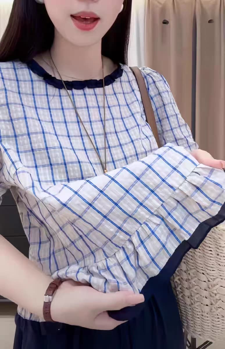여름 드레스 새로운 빅 사이즈 체크무늬 프릴 반팔 맨위 여성 달콤함 연령 감소 디자인 센스 작은 셔츠 상세 이미지 6