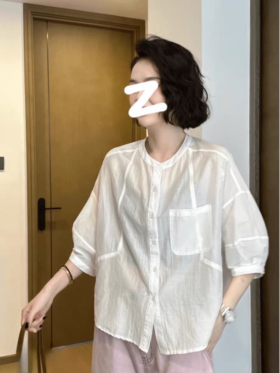 여름 드레스 새로운 빅 사이즈 여성 의류 한국 스타일 빛 럭셔리 미니멀리즘 품격 망사 중간 소매 면 린넨 얇고 가벼운 ~을 통해 섹션 셔츠 상세 이미지 2