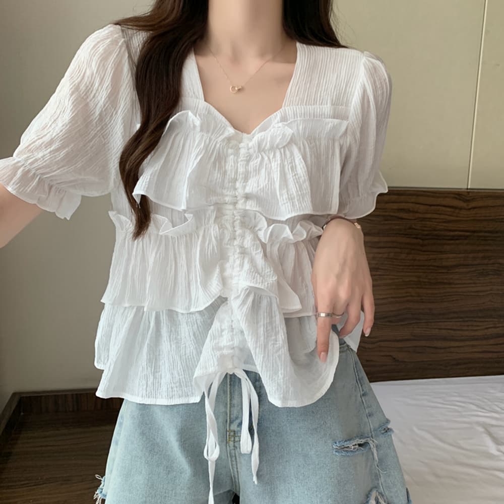 실사 여름 드레스 통통한 여동생 빅 사이즈 고급 센스 프릴 펌프 로프 디스플레이 여성 반팔 셔츠 m-4xl200 근 이미지 3
