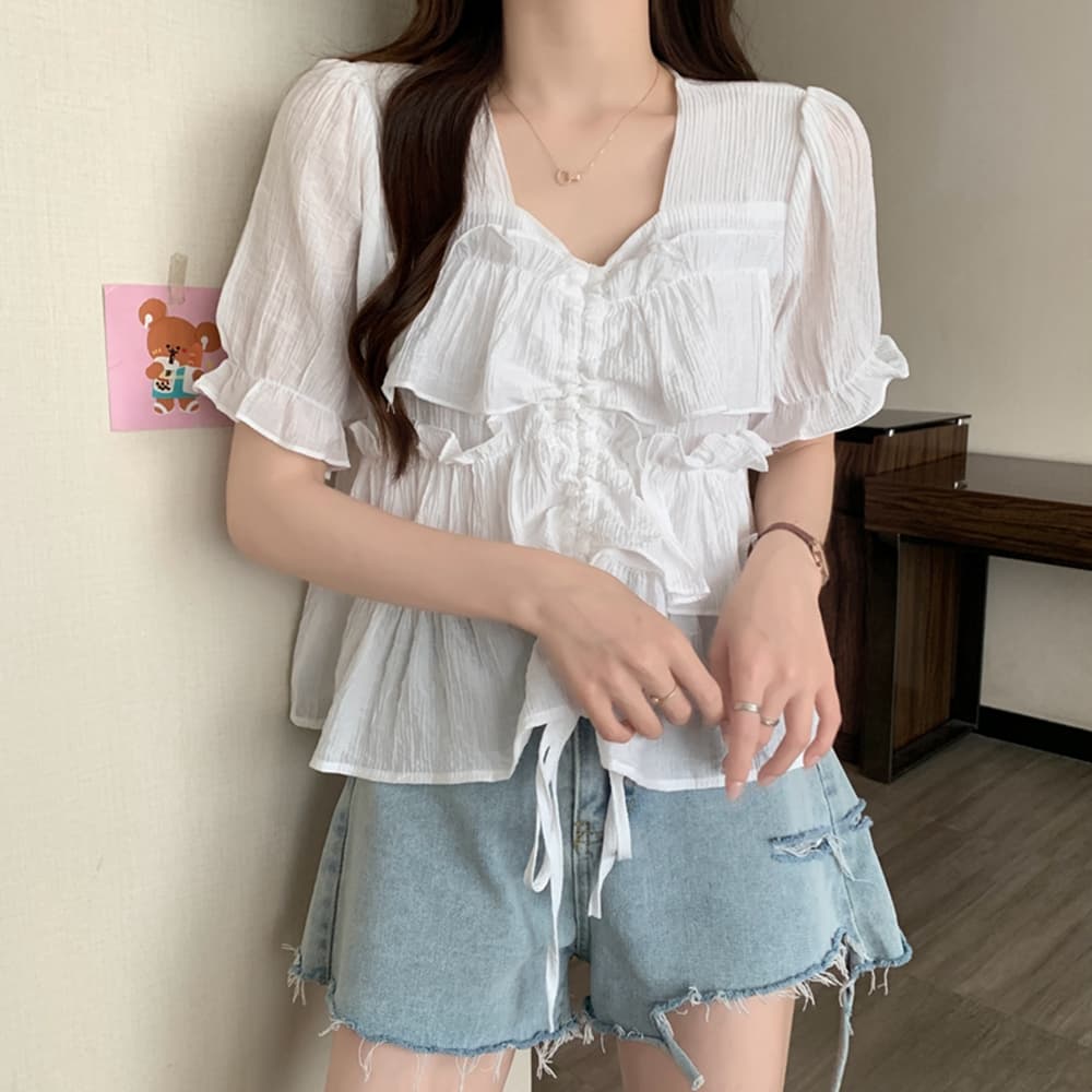 실사 여름 드레스 통통한 여동생 빅 사이즈 고급 센스 프릴 펌프 로프 디스플레이 여성 반팔 셔츠 m-4xl200 근 상세 이미지 5