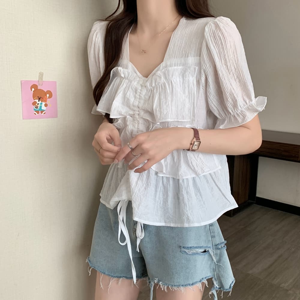 실사 여름 드레스 통통한 여동생 빅 사이즈 고급 센스 프릴 펌프 로프 디스플레이 여성 반팔 셔츠 m-4xl200 근 상세 이미지 7