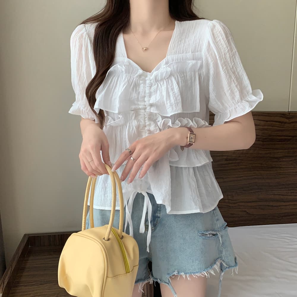 실사 여름 드레스 통통한 여동생 빅 사이즈 고급 센스 프릴 펌프 로프 디스플레이 여성 반팔 셔츠 m-4xl200 근 상세 이미지 9