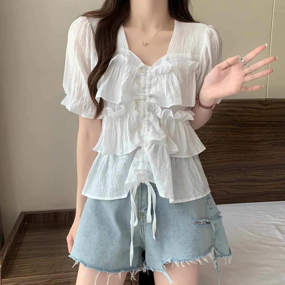실사 여름 드레스 통통한 여동생 빅 사이즈 고급 센스 프릴 펌프 로프 디스플레이 여성 반팔 셔츠 m-4xl200 근 상세 이미지 10