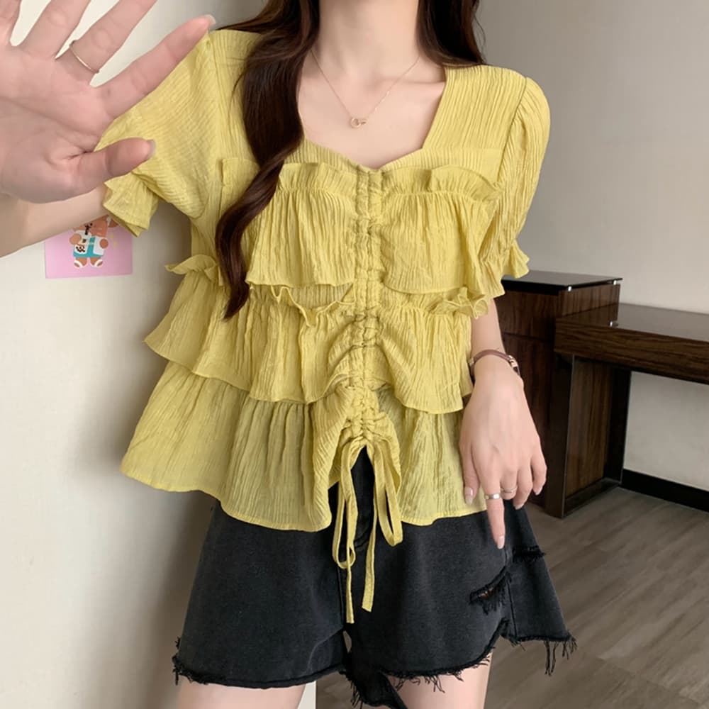 실사 여름 드레스 통통한 여동생 빅 사이즈 고급 센스 프릴 펌프 로프 디스플레이 여성 반팔 셔츠 m-4xl200 근 상세 이미지 17