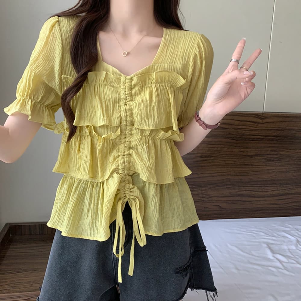 실사 여름 드레스 통통한 여동생 빅 사이즈 고급 센스 프릴 펌프 로프 디스플레이 여성 반팔 셔츠 m-4xl200 근 상세 이미지 22