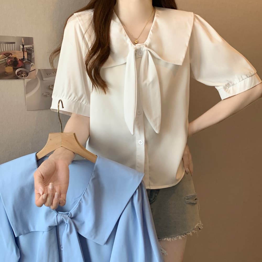 실사 베이비 칼라 셔츠 디자인 센스 작은 대중 셔츠 지방 mm 프랑스식 Chic 나비 매듭 맨위 m-4xl200 근 이미지 5