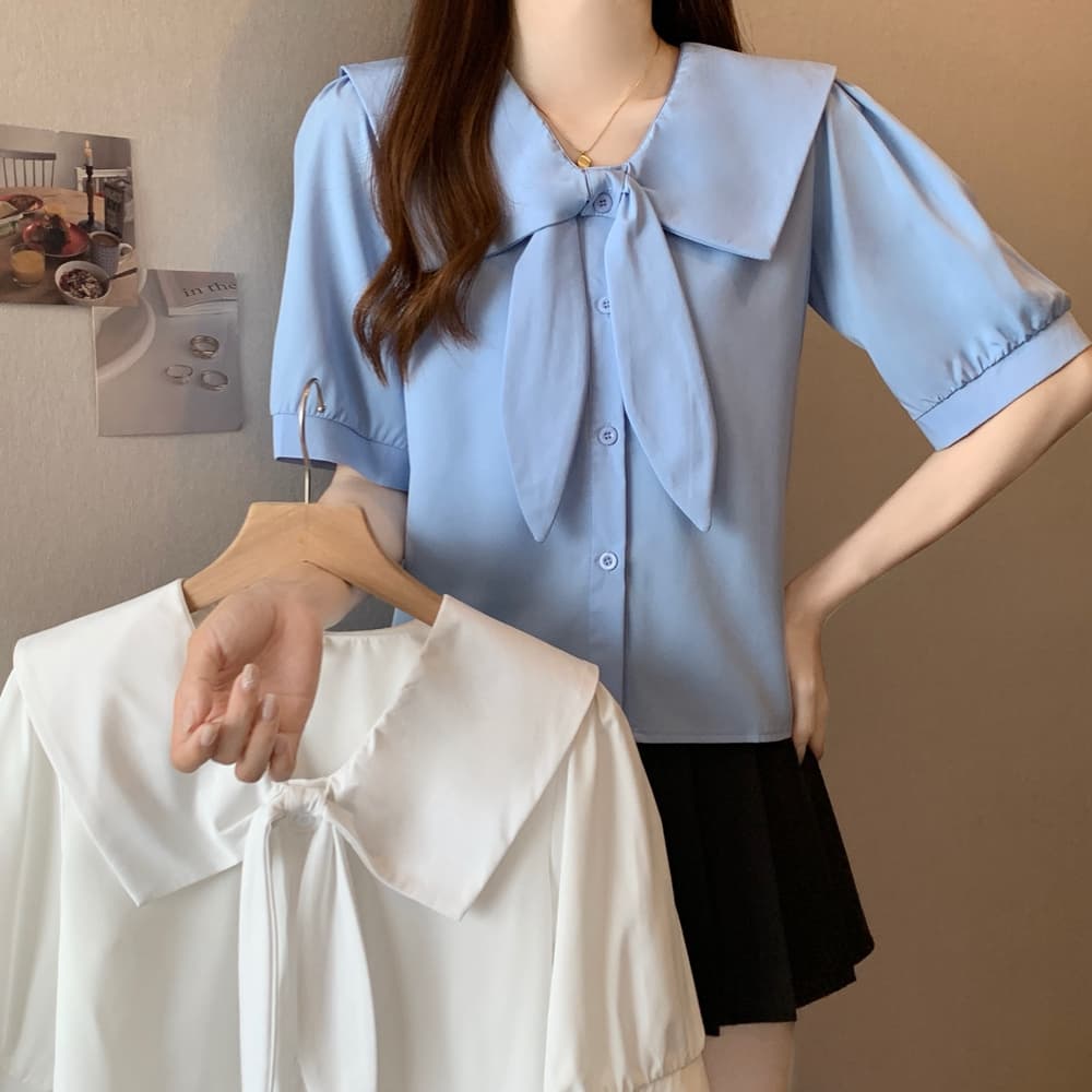 실사 베이비 칼라 셔츠 디자인 센스 작은 대중 셔츠 지방 mm 프랑스식 Chic 나비 매듭 맨위 m-4xl200 근 상세 이미지 24