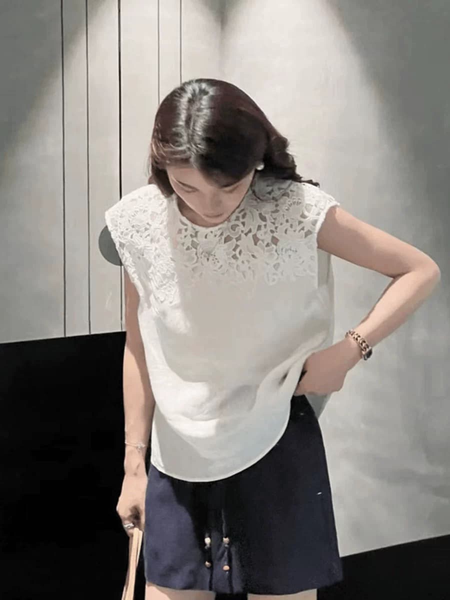 여름 드레스 새로운 화이트 만나는 레이스 조각 아마 민소매 조끼 여성 루즈핏 다용도 연령 감소 품격 맨위 상세 이미지 17