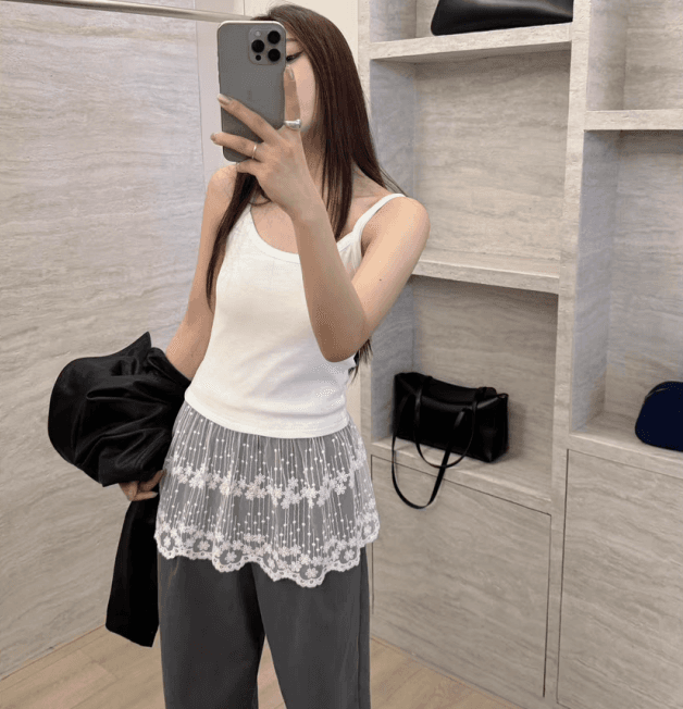 여름 드레스 빅 사이즈 여성 의류 한 부서 회색 부드럽다 패치워크 레이스 디자인 센스 슬립 여성 고급 센스 조끼 여성