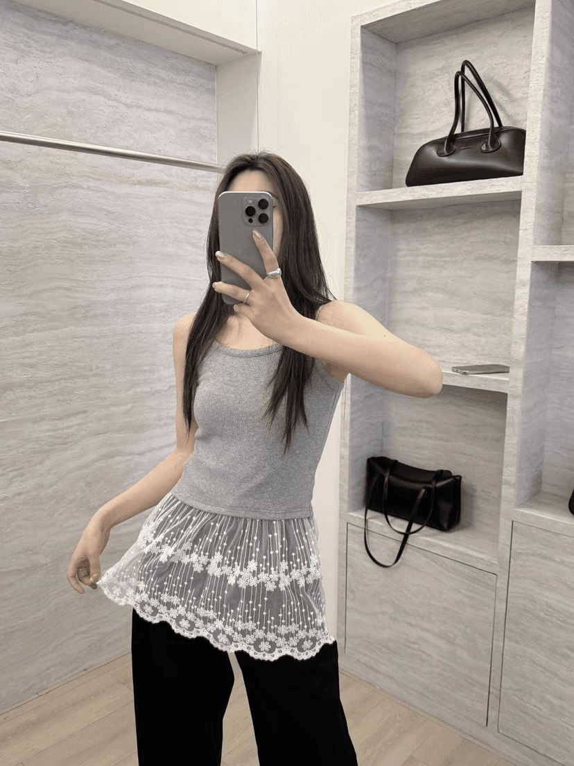 여름 드레스 빅 사이즈 여성 의류 한 부서 회색 부드럽다 패치워크 레이스 디자인 센스 슬립 여성 고급 센스 조끼 여성 상세 이미지 6