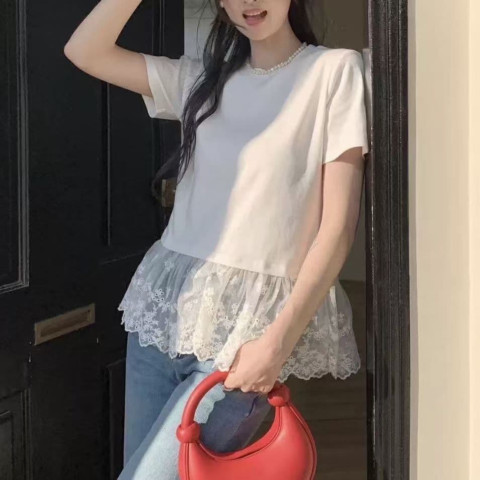 여름 드레스 빅 사이즈 발레 바람 레이스 조각 반팔 티셔츠 지방 mm 슬림해 보이는 인사이드 가져 가라. 만나는 맨위 m4xl200 근 상세 이미지 3