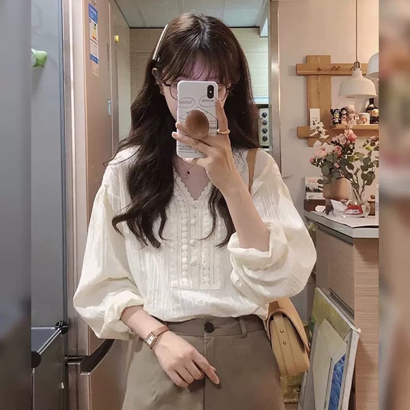여름 드레스 프랑스식 외국 가스 빅 사이즈 여성 의류 V넥 긴팔 셔츠 한 국풍 루즈핏 레이스 셔츠 m-4xl200 근 상세 이미지 1