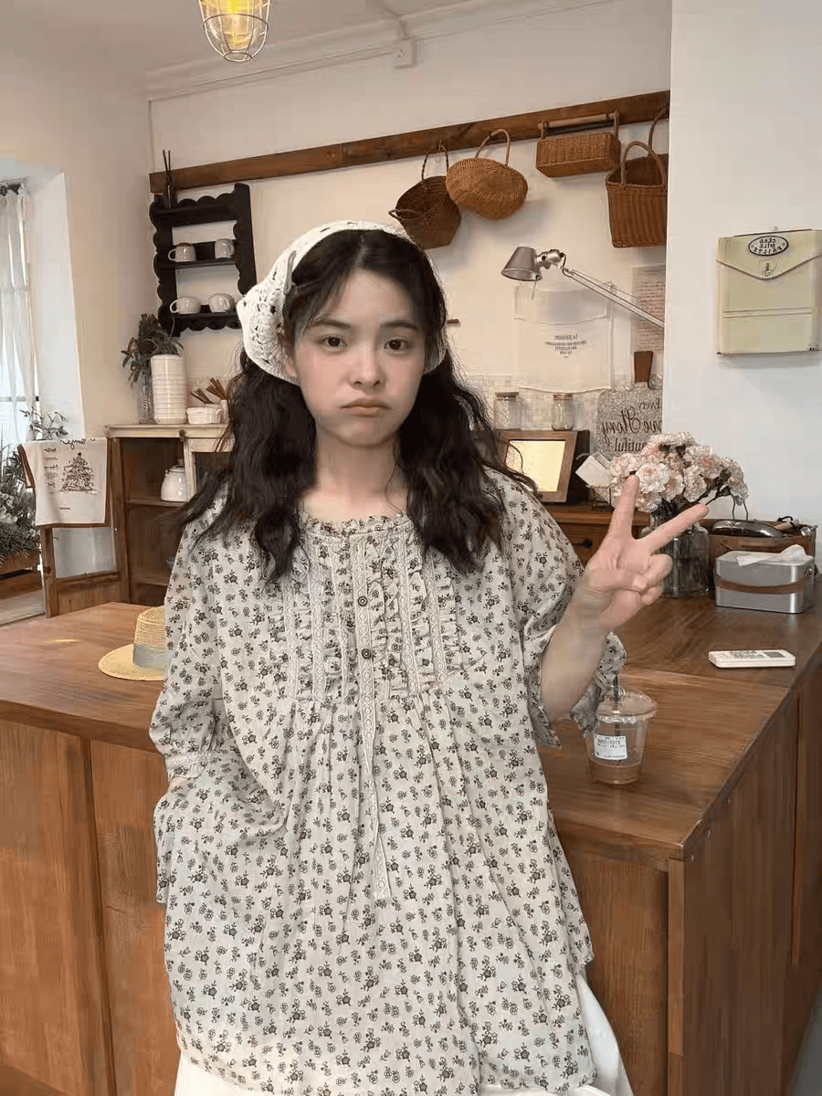 여름 드레스 새로운 빅 사이즈 여성 의류 지방 mm 일본식 레트로 세트 여성 프릴 꽃무늬 인형 셔츠 면 상세 이미지 5