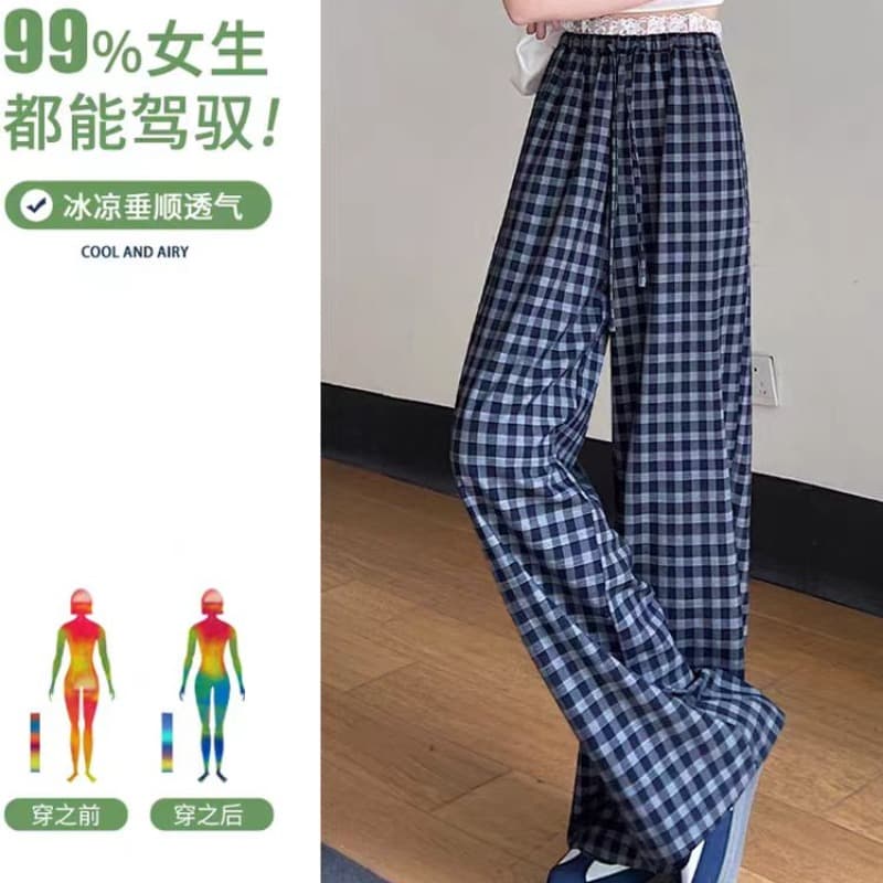 레이스 조각 체크무늬 와이드 레깅스 바지 여름 작은 키 루즈핏 도루 센스 스트레이트 굴곡 바지 이미지 5