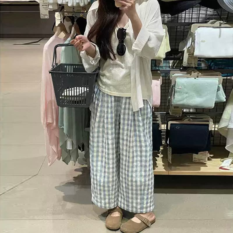 새로운 빅 사이즈 9부 바지 블루 체크무늬 작은 청신 느긋한 캐주얼 바지 루즈핏 넓은 다리 도루 센스 하이웨이스트 이미지 3