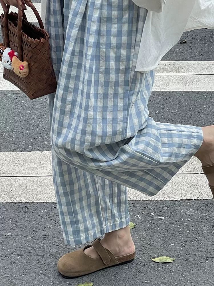 새로운 빅 사이즈 9부 바지 블루 체크무늬 작은 청신 느긋한 캐주얼 바지 루즈핏 넓은 다리 도루 센스 하이웨이스트 상세 이미지 6