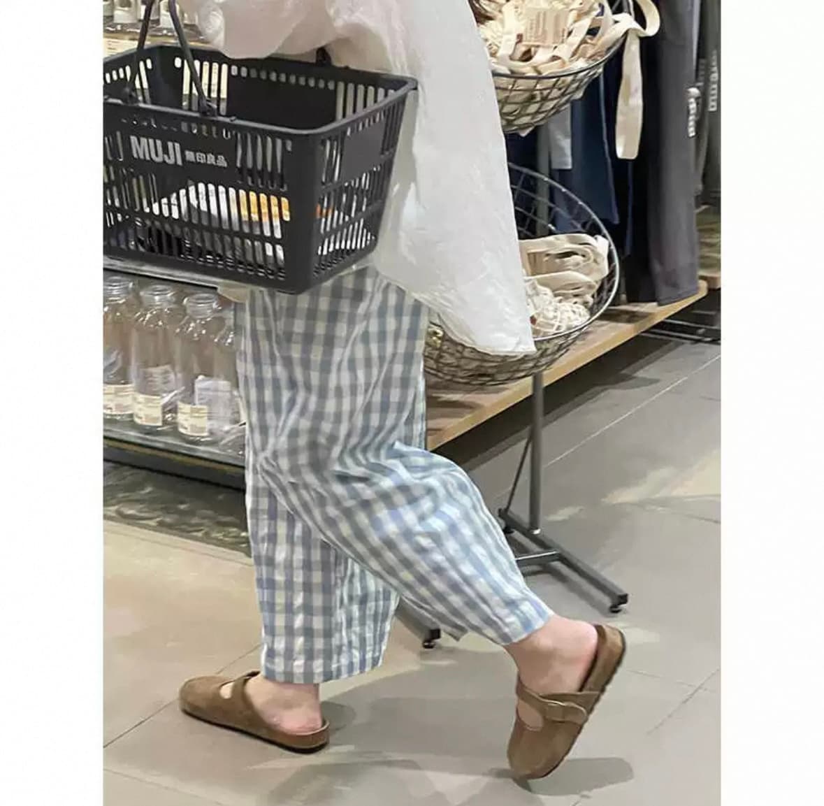 새로운 빅 사이즈 9부 바지 블루 체크무늬 작은 청신 느긋한 캐주얼 바지 루즈핏 넓은 다리 도루 센스 하이웨이스트 상세 이미지 8