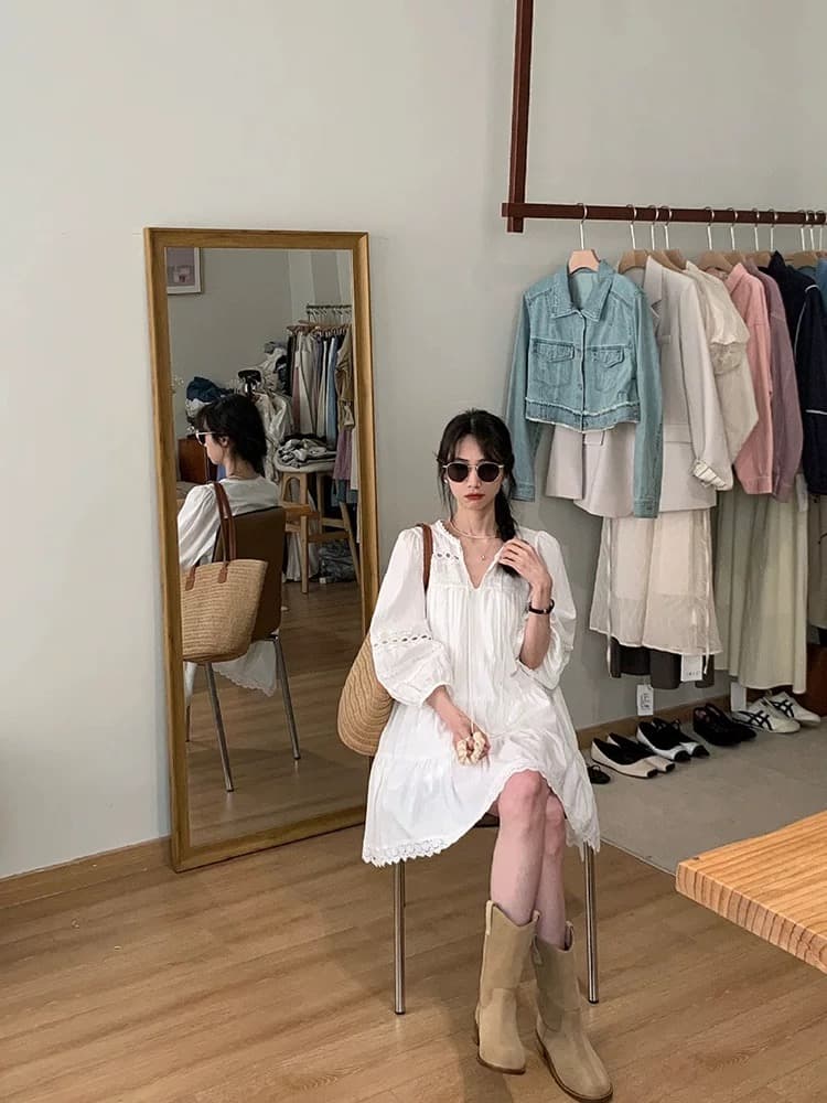여름 드레스 새로운 빅 사이즈 여성 의류 화이트 홀로우 아웃 드레스 민족 스타일 새로운 중식 슬림해 보이는 미니 스커트 상세 이미지 4