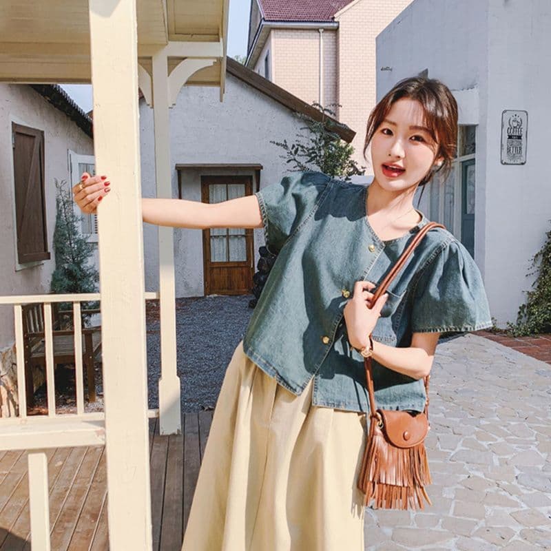 여름 새로운 출퇴근 레트로 라운드 넥 싱글 줄 버튼 데님 셔츠 한국 스타일 루즈핏 반팔 주머니 맨위 트렌디 상세 이미지 8