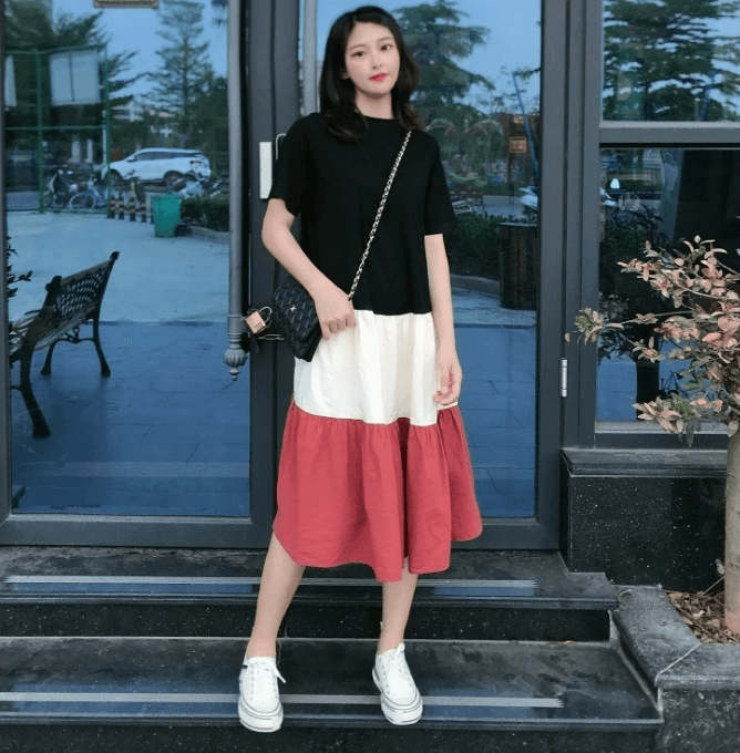 여름 드레스 새로운 빅 사이즈 여성 의류 패치워크 프랑스식 드레스 패션 루즈핏 신선함 무릎 아래 치마 m-4xl200 근 이미지 2