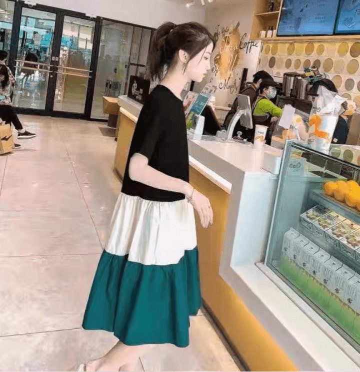 여름 드레스 새로운 빅 사이즈 여성 의류 패치워크 프랑스식 드레스 패션 루즈핏 신선함 무릎 아래 치마 m-4xl200 근 이미지 4