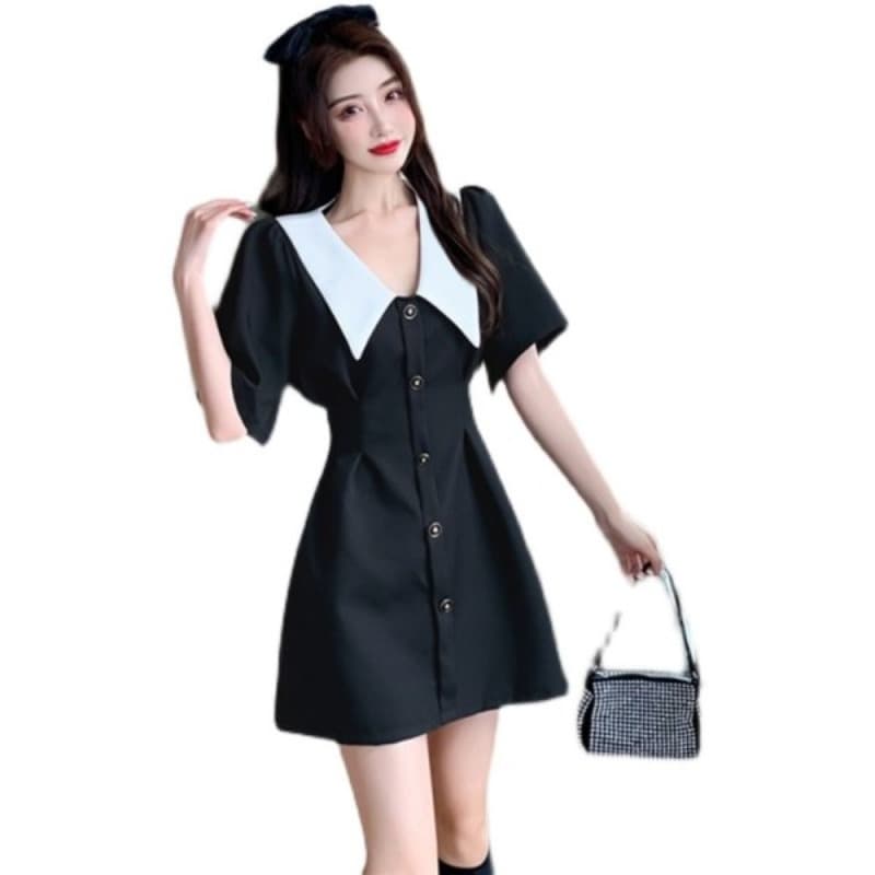 여름 새로운 빅 사이즈 베이비 칼라 검정색 치마 허리 수축 품격 반팔 드레스 m-4xl200 근 이미지 2